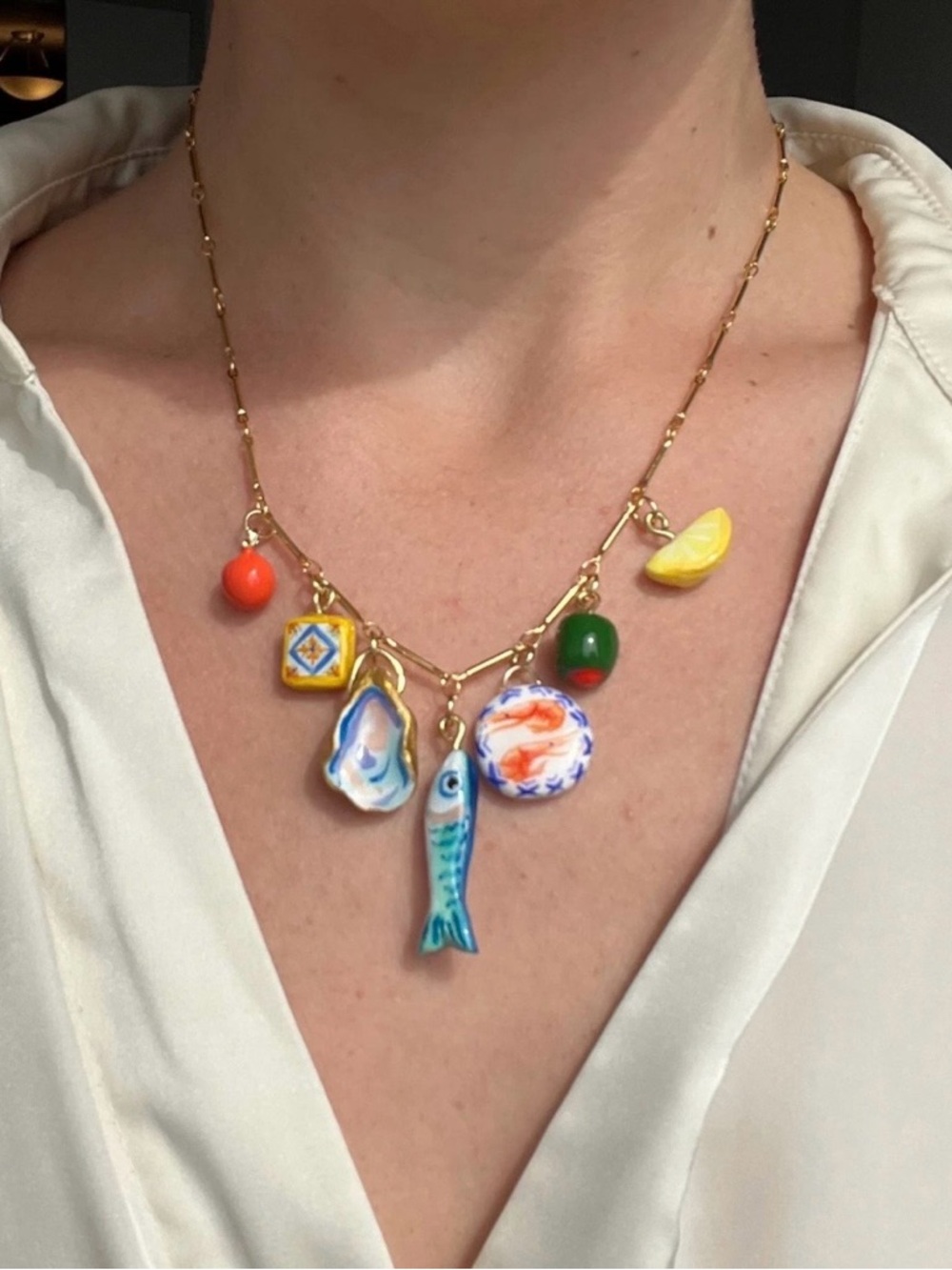 Colorful Ceramic Charm Necklace with Fish and Fruit Charms